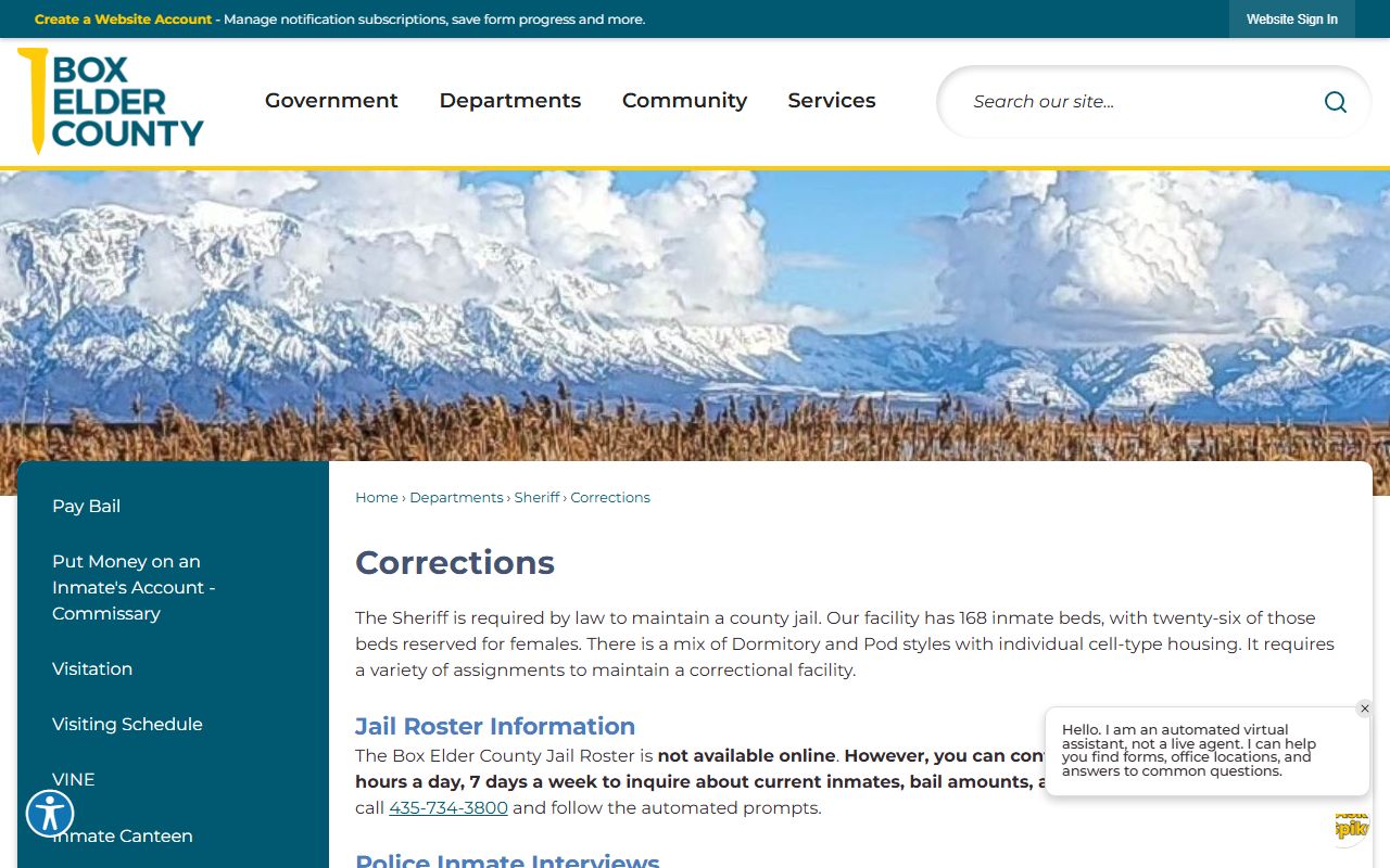 Box Elder County inmate population corrections page showing jail capacity and roster notice