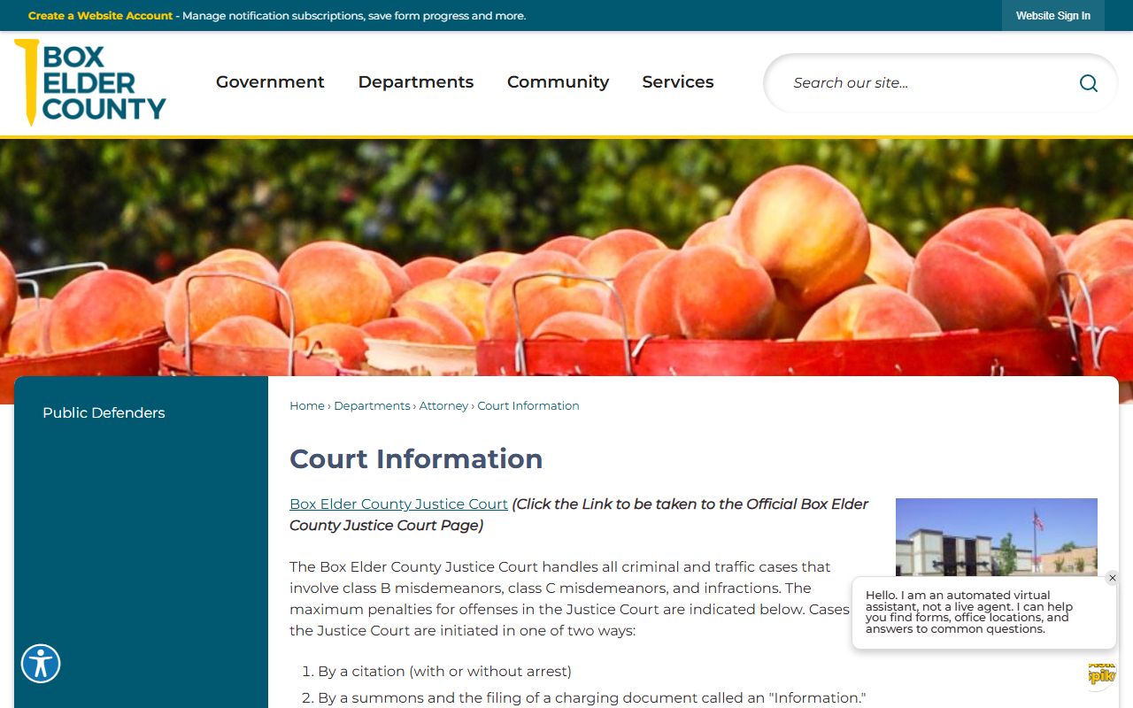 Box Elder County court information page describing Justice Court and First District Court jurisdiction