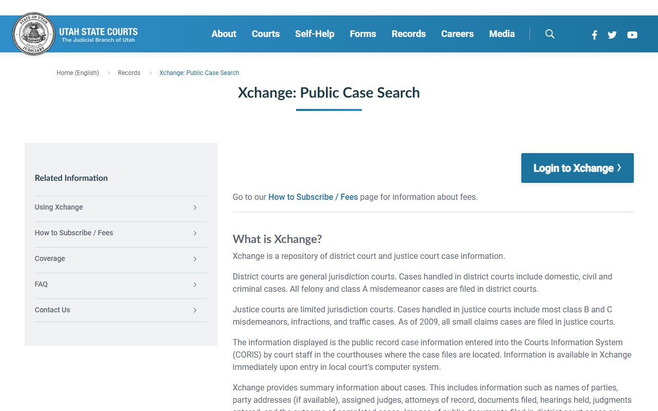 Utah Courts Xchange page for public district and justice court case records